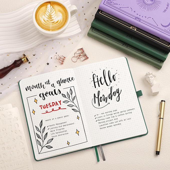 Dotted Journal Notebook for Women Men, 192 Pages, A5 (5.7'' x 8.3'') | Hardcover Leather Notebook with 100GSM Thick Paper for Traveling, Journaling, Planning, Tracking (Dark Green)