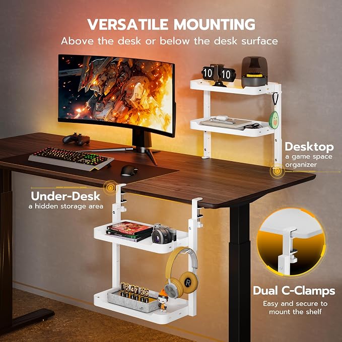 ARES WING 2-Tier 16 inch Clamp On Desk Shelf, Above or Under Desk Storage | Adjustable Desktop Organizer Shlef Holds 66 lbs Heavy Duty, with Headphone Holder for Working and Gaming Accessories, White