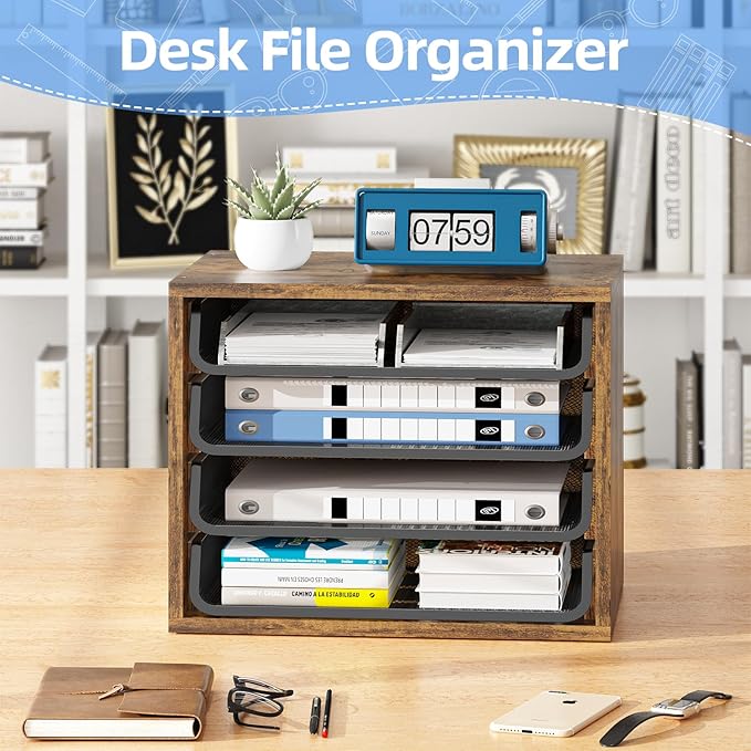Simple Trending 4-Tier Desk File Organizer, Paper Organizer, Rustic Brown | Adjustable Letter Trays, Wood Desktop File Sorter, Farmhouse Style, for Office Home Classroom, 10.75"D x 15.2"W x 11.8"H