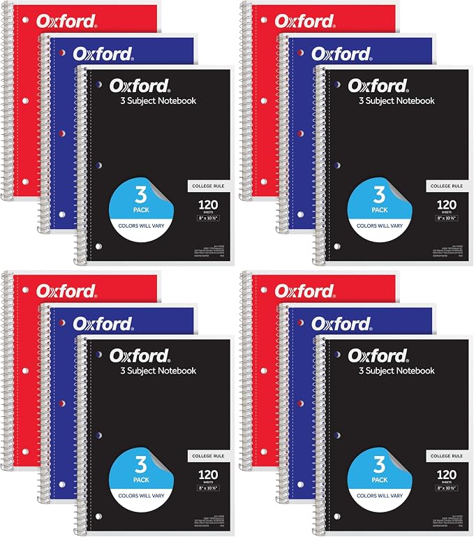 Oxford Spiral Notebooks, 3 Subject, College Ruled Notebooks for School, 8 x 10.5 Inches, 120 Sheets, 2 Dividers, Assorted Colors, Back to School Supplies (65202) (Pack of 12)