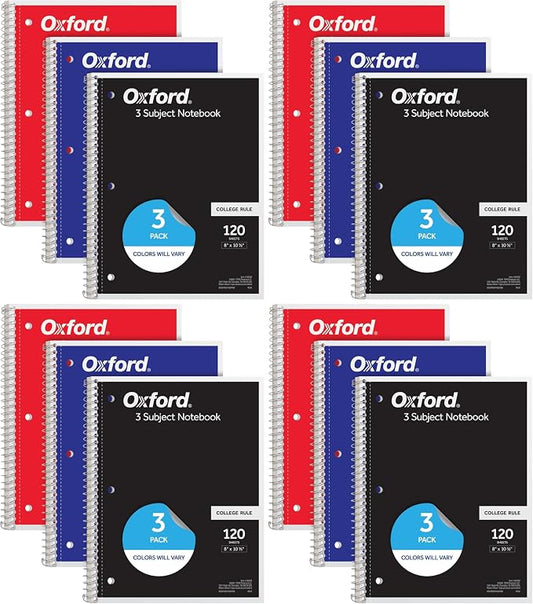 Oxford Spiral Notebooks, 3 Subject, College Ruled Notebooks for School, 8 x 10.5 Inches, 120 Sheets, 2 Dividers, Assorted Colors, Back to School Supplies (65202) (Pack of 12)