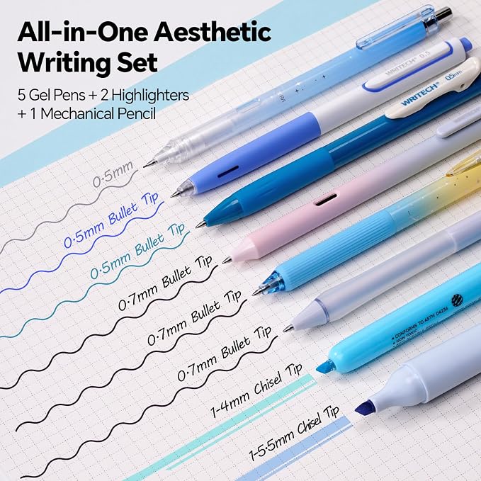 WRITECH Gel Pens Journaling Highlighters: Blue Journal Set Assorted Pastel Color 0.5mm&0.7mm Fine Point Retractable Black Ink Pen Mechanical Pencil Smooth Writing Drawing 8ct