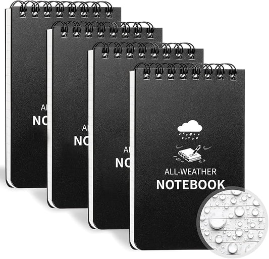 Waterproof Notebook, 4 Pack Pocket Notepad, 3" x 5" Top-Spiral Weatherproof NotePad, All Weather Police Pocket Notebook Mini Memo Steno Note Pads for Outdoor Office School Recording, Black