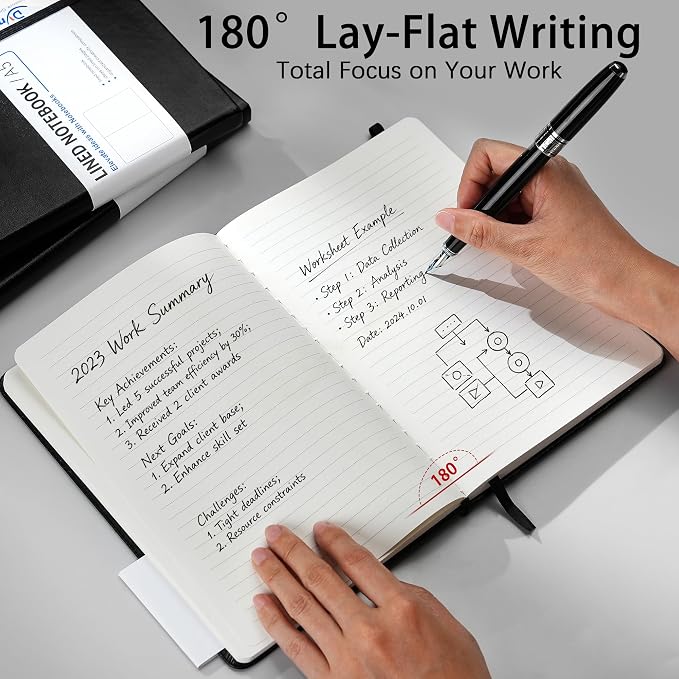 A5 Lined Journal 6 Pack - Black PU Leather Hardcover Notebook, 100gsm Thick Paper, 200 Pages (100 Sheets), Office Work Business Notebook with Table of Contents & Back Pocket for Meetings & Teams