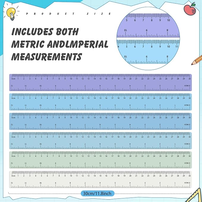 120 Pcs Clear Plastic Ruler Bulk 12'' Colorful Ruler for Classroom with Inch Centimeter for Teacher Student Back School Office Supplies Tool Operation Measuring Drawing(Ocean Colors)