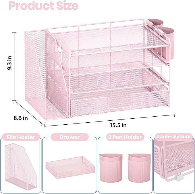 OPNICE Desk Organizer, 4-Tier Desktop File Organizer with Drawer and Pen Holders, Office Desk Accessories, File Sorters, Workspace Organizers for Office Supplies(Pink)