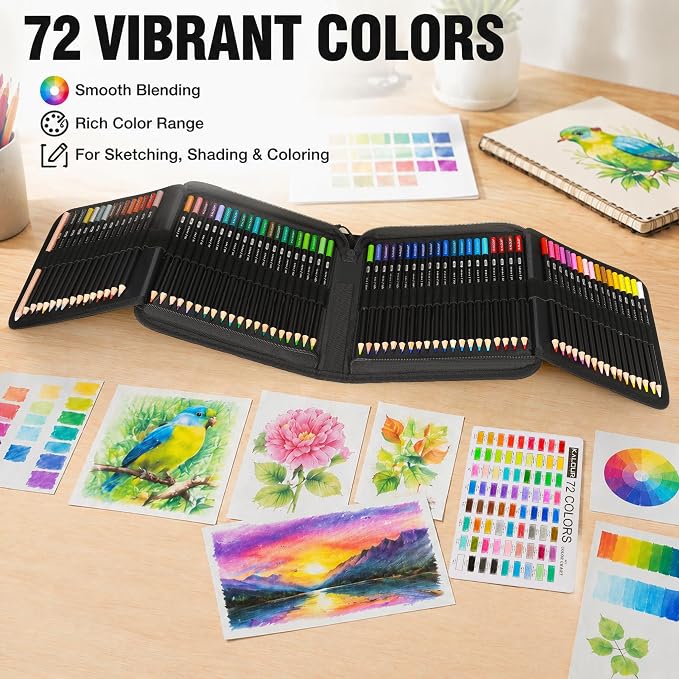 KALOUR 72 Colored Pencils Set, Blending Pencil Sketchbook DIY Color Chart | Smooth blendable, Break-resistant Soft Core, Portable lightweight storage case, For sketching shading illustration