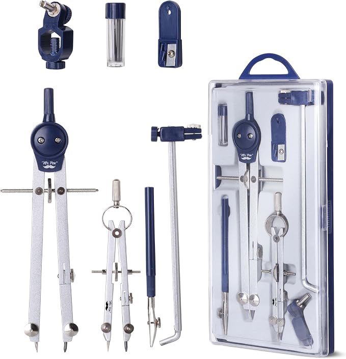 Mr. Pen- Professional Geometry Set, 7 pcs | Metal Compasses with Center Wheel & Extension Leg, Precision Drafting Kit with Storage Box for Geometry, Technical Drawing