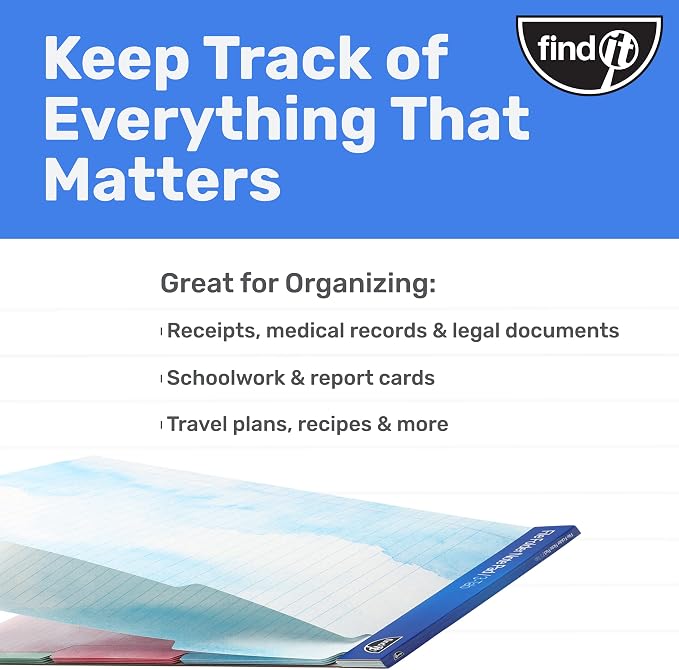 Find It File Folder Notepad 12-Ct 3rd-Cut Tab Organizer Folders, Watercolor | Wide-ruled clipboard-style pages, front and back ruled, perforated tear-out sheets, office and school filing organization