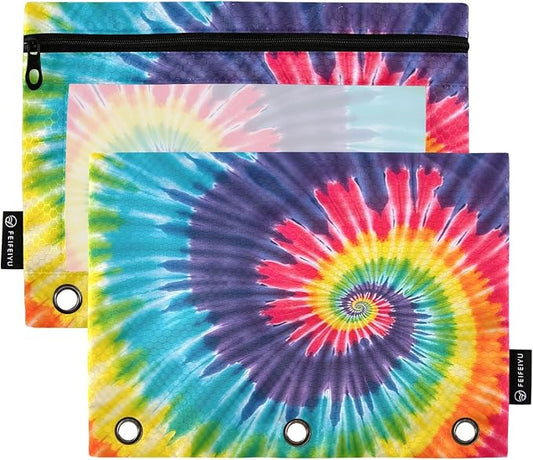 Tie Dye Rainbow Swirl Pencil Pouch for 3 Ring Binder 2 Pack Zipper Binder Pencil Bag with Clear Window Pencil Case for Office Supplies