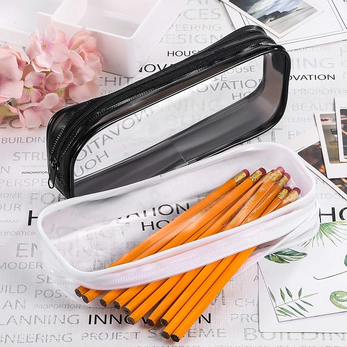Tatuo 4 Pieces Clear PVC Bags Big Capacity Zipper Pencil Pouch Case Travel Luggage Makeup Cosmetic Bag(Black and White)