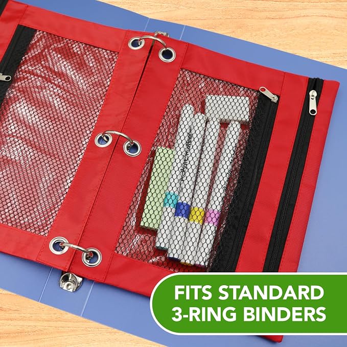 Pencil Pouch for 3 Ring Binder, Heavy Duty Canvas Dual Zipper Pen Bag with Clear Window, Smooth Metal Zipper, Fit Standard 3-Ring Binders for School Office Travel Supplies (Red)