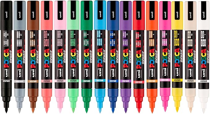 POSCA® PC-5BR Brush Tip Paint Markers, 16 Count Reversible Brush Set | Tip size 1.0–4.0 mm, Water-Based Opaque Paint Pens for Lettering, Calligraphy, Coloring, Crafts & Art Projects