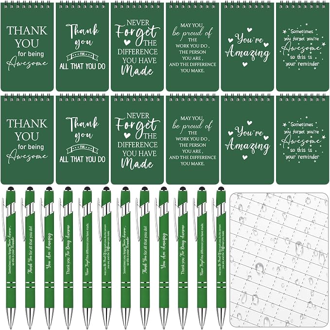 24 Pcs Thank You Waterproof Notebook Pen Set Inspirational Spiral Weatherproof Notepad with Motivational Pens All Weather Pocket Notepads Employee Appreciation Gifts Bulk for Teacher Coworkers Staff