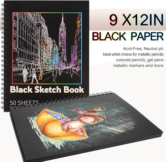 Black Paper Sketchbook 2 Pack, 9 × 12 in, 100 Sheets, 160gsm Spiral Bound | Acid-Free 108 Lb Black Paper, Left Spiral Tear-Out Pages, Hardcover for Drawing, Chalk, Gel Pens And Mixed Media