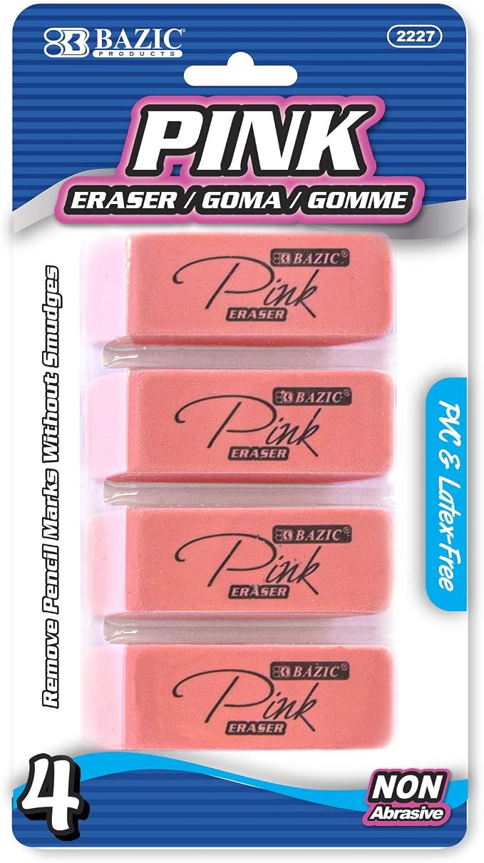 BAZIC Products Pink Bevel Block Erasers, Latex-Free, PVC-Free, 4 Count | latex-free and PVC-free, pink beveled block erasers, Clean erase, smudge-resistant, school, home