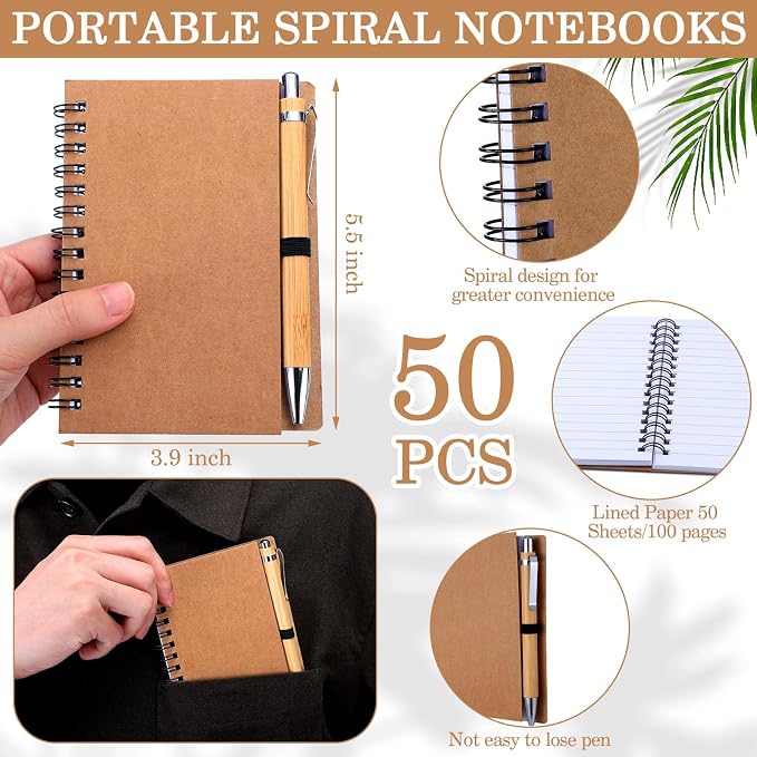 Engrowtic 50 Set Bulk Notebooks with Pens Employee Appreciation Gifts, Spiral Kraft Pocket Notebooks Lined Journal with Bamboo Pens Personalized Gifts for Teachers Back to School Favors
