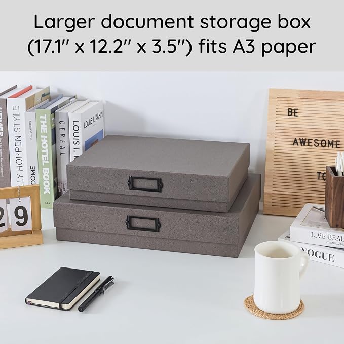 Soul & Lane - Legal Size Document Storage Boxes with Lids, Set of 2, Gray | A3 Decorative Boxes for Art, Scrapbooks and Papers with Metal Label Holders, Large Grey Photo Keepsake Storage for Memories