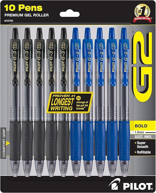 PILOT G2 Premium Gel Pens, 1.0mm Bold Point, Pack of 10 | Refillable & Retractable, 5 Black & 5 Blue Ink Pens