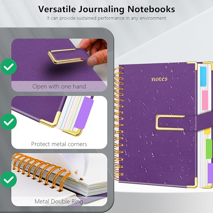 Hardcover Spiral Notebook College Ruled, 8.5"x11" Leather Journal Notebook with Magnetic Closure, 300 Pages 5 Subject Notebook with Dividers Tabs Journal for Women Men, Work, School(Purple)
