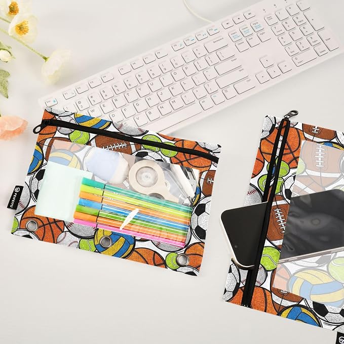 Gredecor Binder Pencil Pouch 3 Ring Sport Balls Colorful Zipper Pencil Pouches Case 2 Pack Clear Binder Organizer for School Office