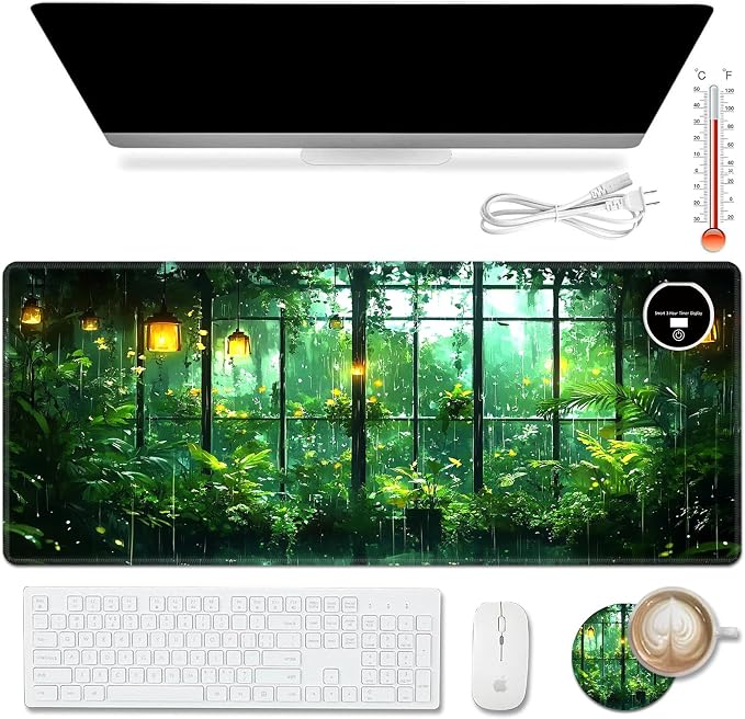 Warm Desk Pad,Heated Desk Pad,Office Mat,3 Heating Levels & 3 Hours Auto Shut-Off,31.5"*13" Gaming Mouse Laptop Keyboard Leather Desk Mat,Green Forest Window
