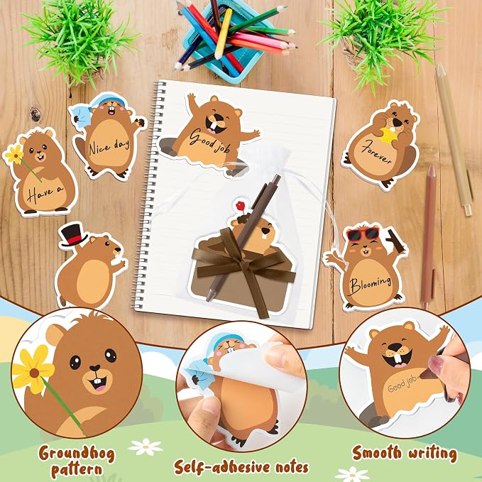 CJiangpo 24 Pack Groundhog Sticky Note with Pen Gift Set, Cute Cartoon Self Stick Notepad Funny Memo Pad Ballpoint Pens with Organza Bags, Groundhog Day Party Favor Gift for Kids Classroom Rewards