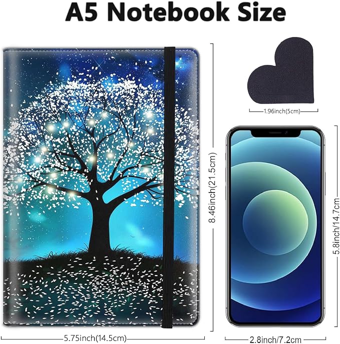 A5 Leather Lined Journal Notebook, 200 Pages Hardcover Executive Notebook for Men Women Office School Note Taking, Thick Writing Paper Daily Journal with Bookmarks/Indexes, Tree of Light