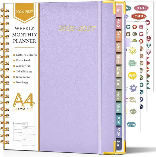 Academic Planner 2026-2027, Hardcover Leather Weekly and Monthly Calendar Planner from July 2026 - June 2027, A4 8.5" x 11" Daily Agenda with Tabs, College School Organizer for Student Teacher, Purple