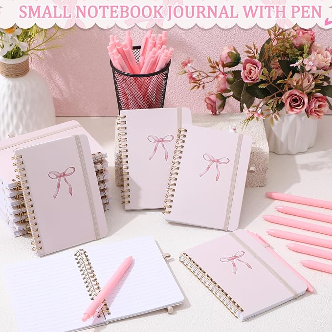 Fulmoon 24 Set Pink Bow A6 Spiral Notebook with Ballpoint Pens 50 Sheets, 4"x 6" Small Bow College Ruled Coquette Notepads Journaling Notebooks Bulk for Back to School Supplies Offices Team Gifts