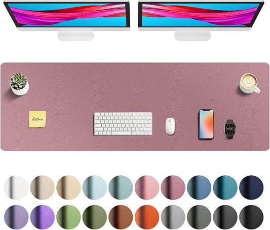 Aothia Faux Leather Desk Mat - Non-Slip PU Leather Desk Blotter, Waterproof Writing Surface, Large Desk Pad for Office & Home (Dark Pink, 55" x 17")