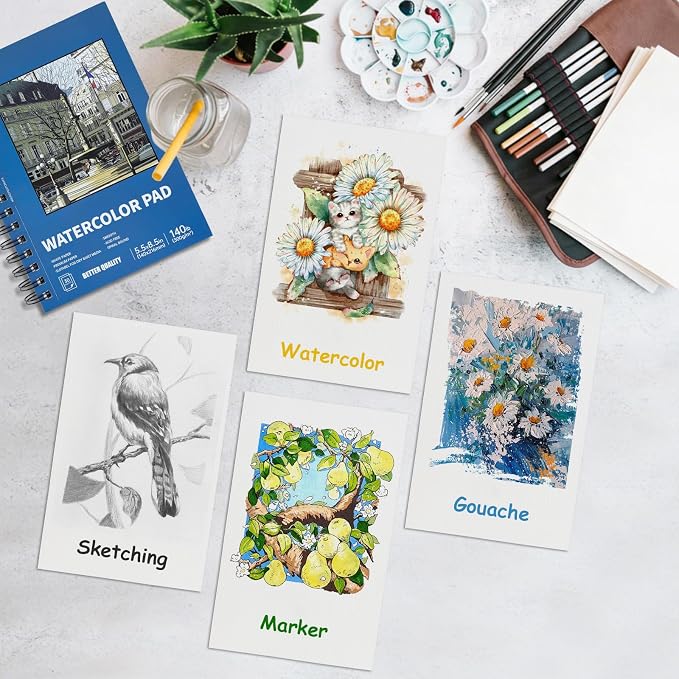 3 Pack 90 Sheet Watercolor Paper Pad 5.5“ x 8.5”, 140lb/300 GSM Cotton Cold Press Spiral Bound Pad Watercolor Sketchbook for Adults, Mixed Media,Markers, Art Painting, Journal