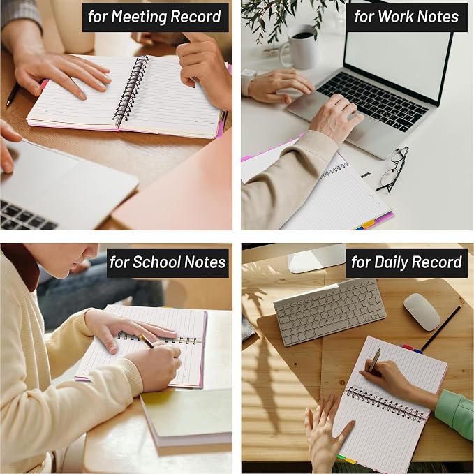 CAGIE 5 Subject Notebook, Small Spiral Notebook with Tabs | 6.1'' x 8.2'', A5 Spiral Notebooks College Ruled for Women, 240 Pages Note book for School Note Taking, Black