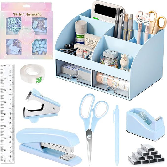 COMFYROOM Desk Accessories with Pen Holder, Office Supplies Desk Organizers and Accessories, Tape Dispenser, Stapler, Staple Remover, Staples, Clips Set, Ruler, Scissor, Pen, Tape (Blue)