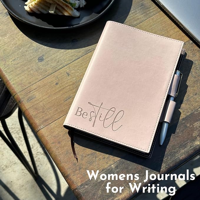 SETTINI® Refillable Vegan Leather Journal with Pen, Be Still Pink | refillable insert system, luxury pen, 192 pages, vegan leather, A5, lined refill, faith gift
