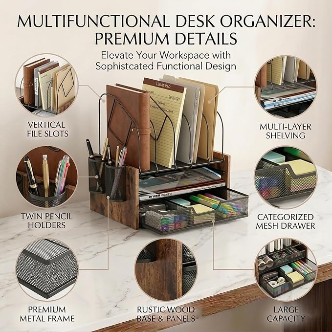 Desk Organizer with Drawer, Desktop File Organizer and Paper Tray Organizer with Vertical File Holder, Office Desk Accessories for Mail, Documents, Papers, Notebooks and Home Office Storage
