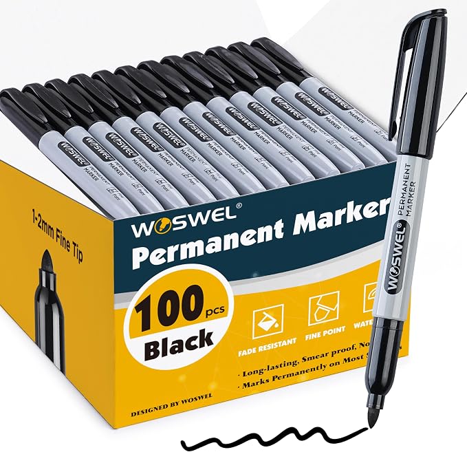 WOSWEL Permanent Markers Bulk, 100 Pack Fine Point Tip Black Permanent Marker Set, Waterproof Markers, Premium Smear Proof Pens, Quick Drying, Office Supplies for School, Office, Home