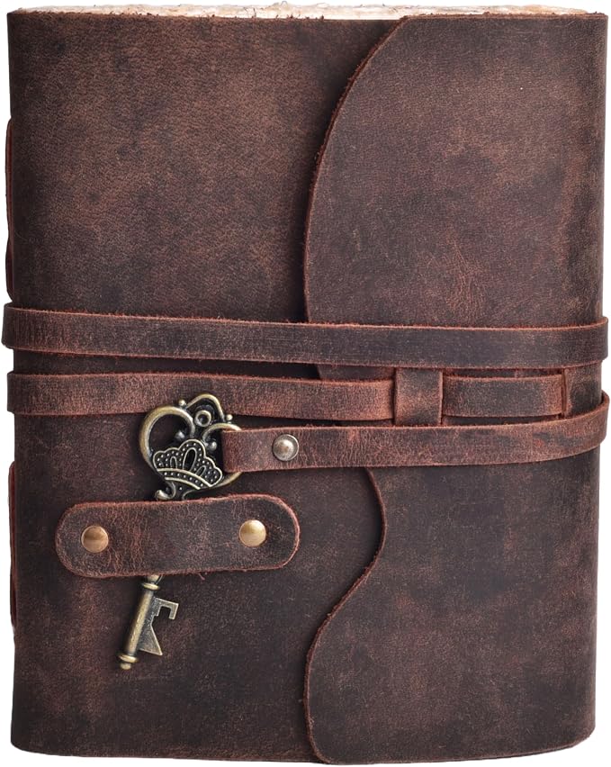 LEATHER VILLAGE Vintage Leather Journal – 200 Handmade Vintage Deckle Edge Paper – Leather bound Journal For Women Men – Vintage Key Closure - Book of Shadows - 10X7 inches - Fuchsia