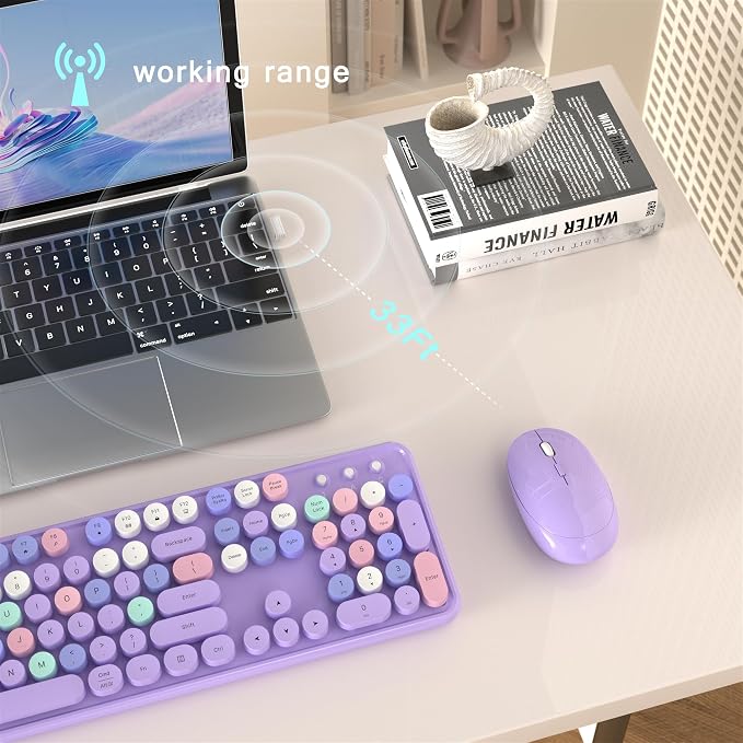 MPTOG Colorful Wireless Computer Keyboard and Mouse Combo (Purple-Colorful) | Retro Round Typewriter Keycaps, Power Switch, Ergonomic Design, 2.4GHz Wireless for Windows, Mac, PC