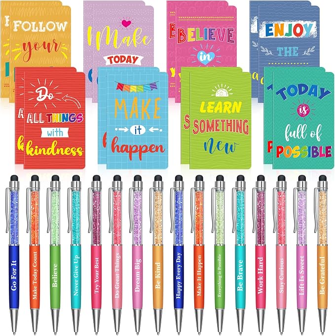 Funrous 32 Pcs Motivational Quote Pens Inspirational Notepads Mini Journal with Ballpoint Pen Small Notebooks Gift for Men Women Coworker Adult Party Favors Prize Teacher Student Office(Colorful)