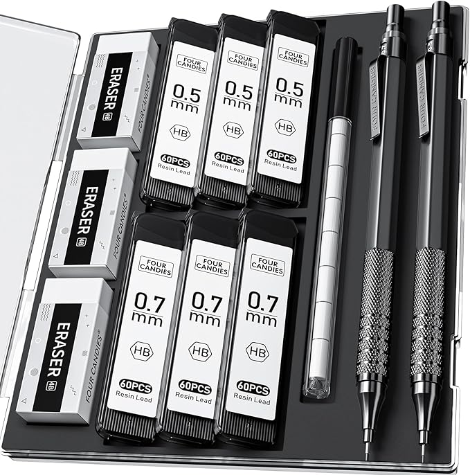 Four Candies 2PCS 0.5mm & 0.7 mm Metal Mechanical Pencils Set, 360PCS Lead Refills, 12 Erasers, Cool Lead Pencil with Case for School Writing, Sketching, Technical Work, Art Projects, Black | 360PCS HB Lead Refills, 3 Erasers, 9 Eraser Refills, for Sch...