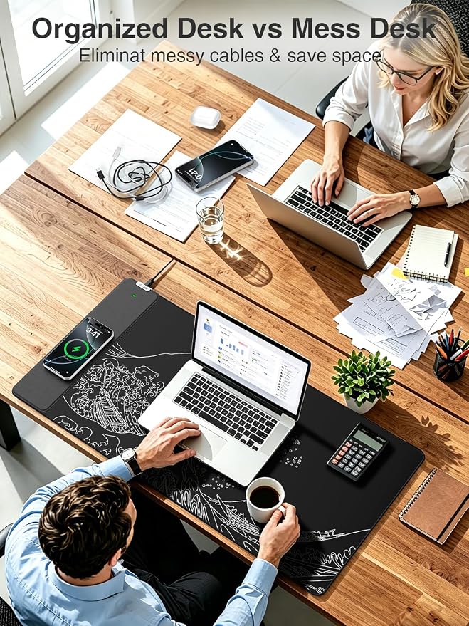 Magnetic Wireless Charging Mouse Pad, 31.5"x15.8" Large Desk Mat | Waterproof Mousepad, Smooth Glide, Stitched Edge, Non-Slip Rubber Base, Desk Pad Computer Keyboard Mat, No Adapter