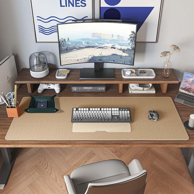 DAWNTREES Dark Green Desk Mat,Leather Desk Pad,40"x16",Cork Desk Mat Protector,with PU Leather Valet Tray Organizer,Large Mouse Pad,Desk Writing Pad for Office and Home