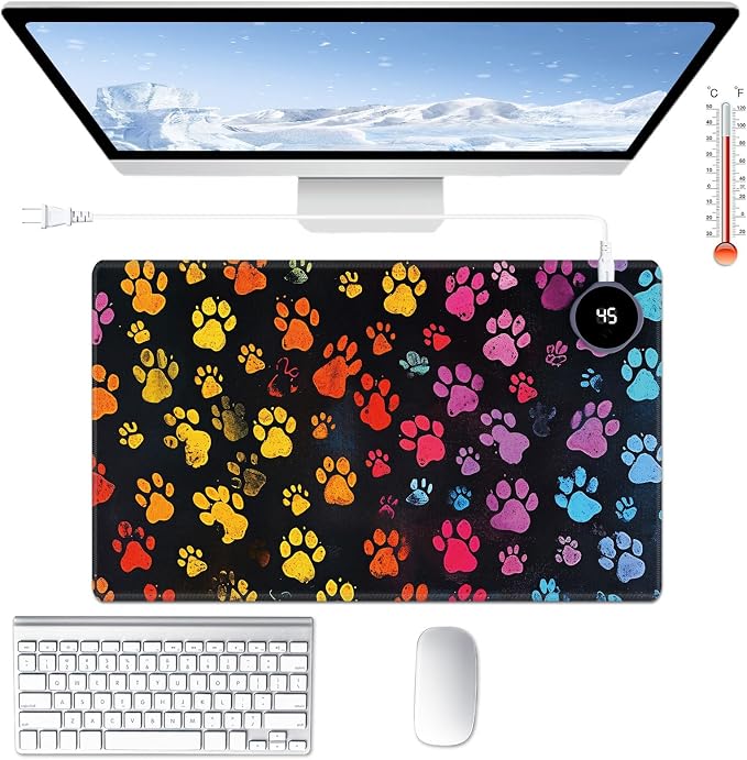 Heated Desk Pad Large Mouse Pad 23.6 x 14.1 inch with 3 Levels Heating & Auto Shut-Off Warm Mouse pad PU Leather Computer Mousepad for Home Office Work - Colorful Dog Paw