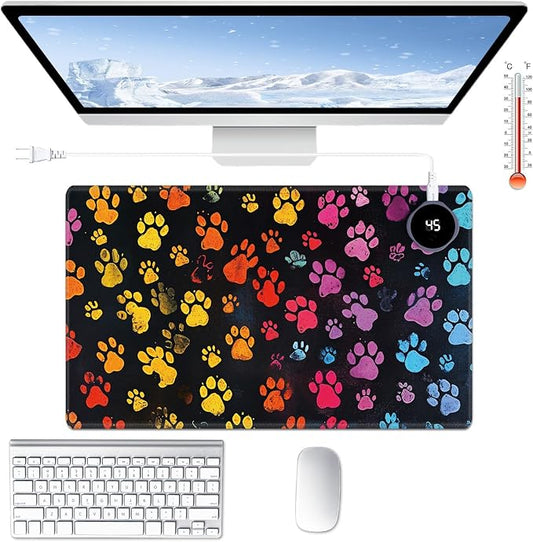Heated Desk Pad Large Mouse Pad 23.6 x 14.1 inch with 3 Levels Heating & Auto Shut-Off Warm Mouse pad PU Leather Computer Mousepad for Home Office Work - Colorful Dog Paw