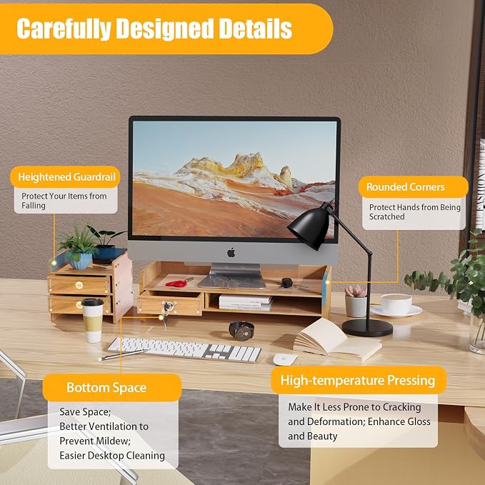 Wood Monitor Stand Riser Computer Laptop Desktop Organizer W/ Drawers + Lock Tray DIY, Desk Drawer Organizers Wood Desk Paper Organizer for Home Office