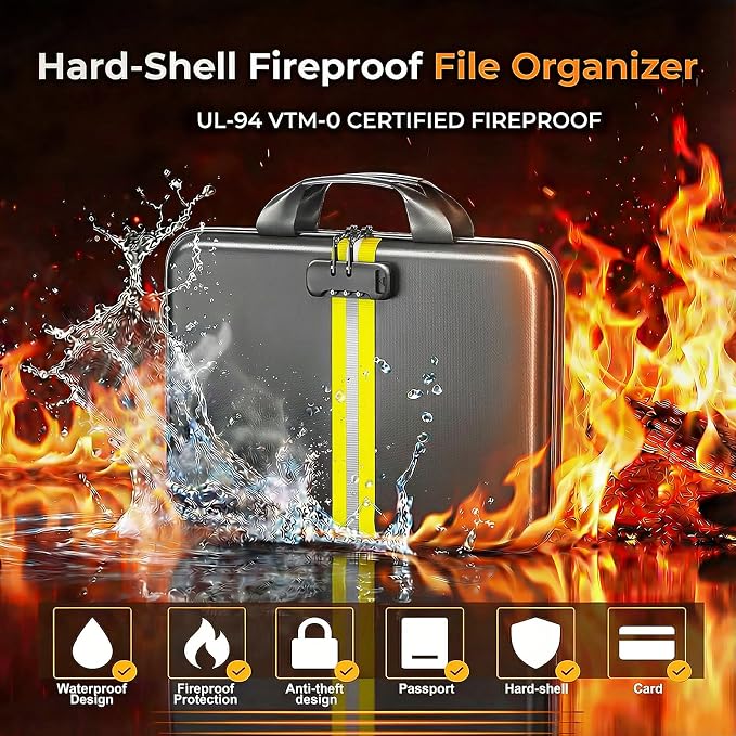 Fireproof Document Organizer with Lock, Rigid EVA File Box with 13-Pocket Accordion Folder for Important Documents & Tablets under 11", Lightweight Safe Storage for Home, Office & Travel (Small Size)