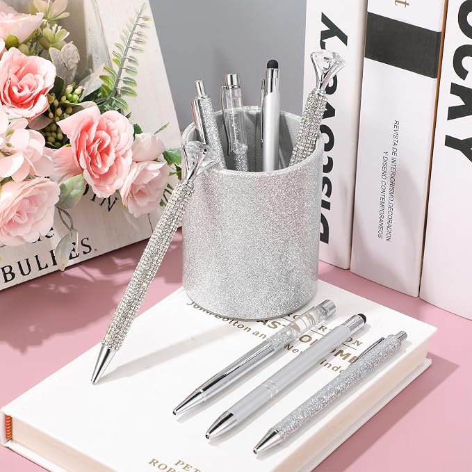 Sabary 8 Pcs Silver Pens with Pen Holder for Desk Glitter Crystal Diamond Cute Ballpoint Fancy Pencil Holder Bling Desk Organizer for Women Girls School Office Supplies Wedding Graduation Gifts