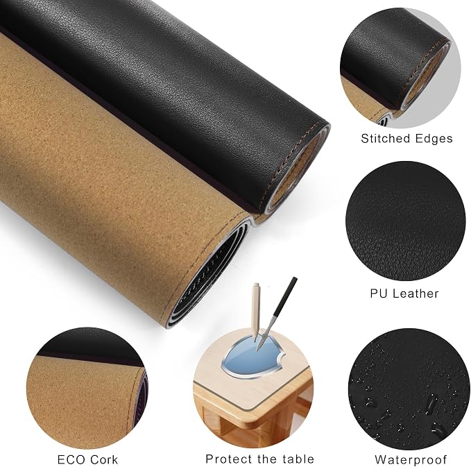 MAIDERN Leather Desk Mat, XXL 78.7” x 24” Reversible Large Desk Pad Mat, Cork & Leather Large Mouse pad for Desk, Waterproof Computer Desk Mat for Gaming Home Office (Black)