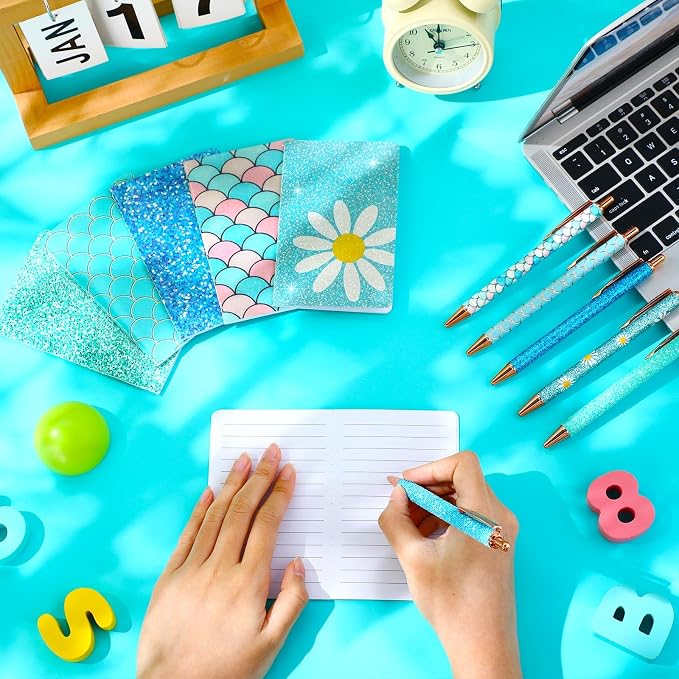 12 Set Cute Mini Notebook and Fancy Pen Gift Set for Women 6 Mini Glitter Pocket Notepad 6 Cute Sparkly Glitter Pen for Girl Office First Day of School Mother's Day Christmas Graduation(Blue)
